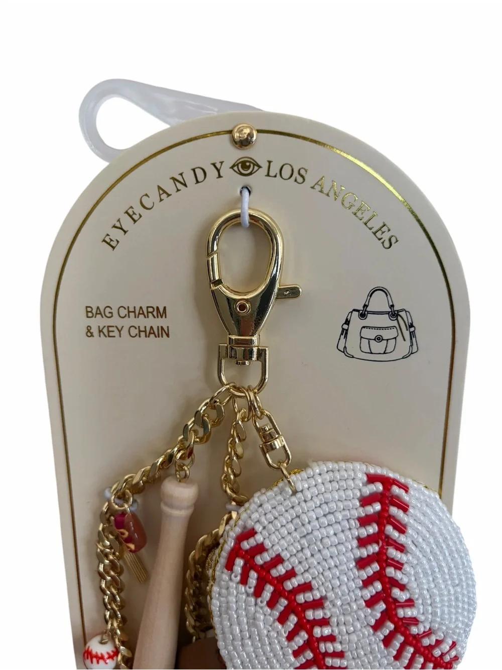 NEW - EYE CANDY Baseball Themed Bag Charm & Keychain w/leather, beads, gold-tone